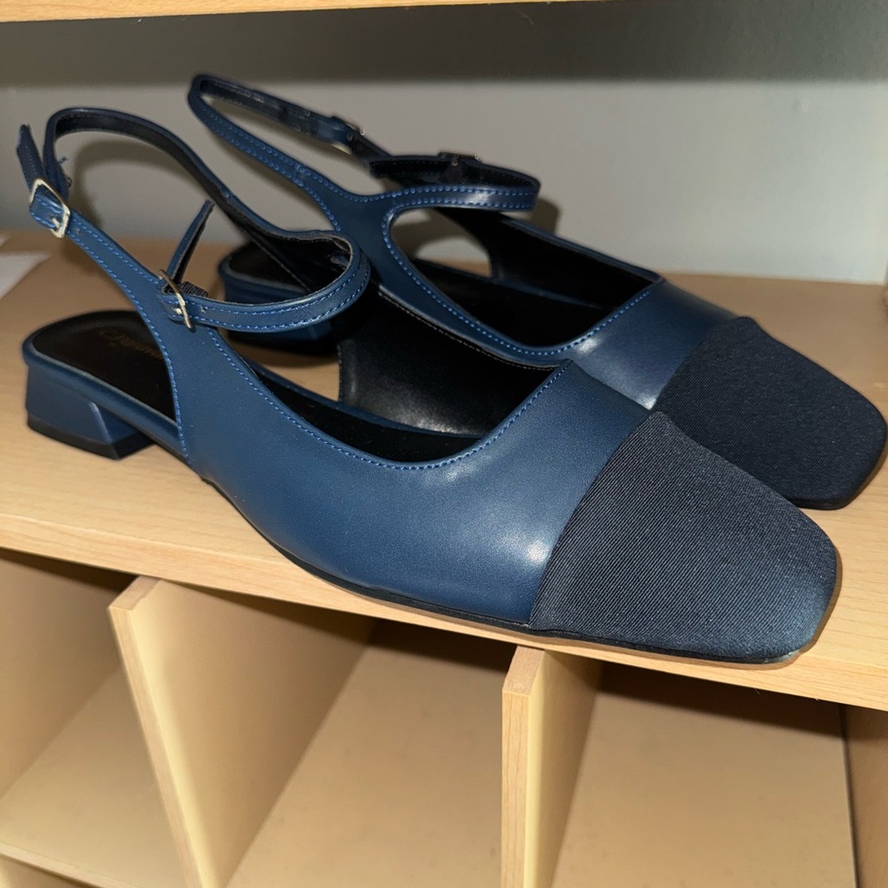 Navy Square-Toe Slingback Flats with Fabric Toe Cap